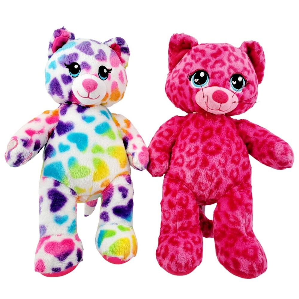 Lot of 2 Build a Bears Rainbow Hearts Kitty Cat & Hot Pink Leopard Stuffed Plush - Picture 2 of 15
